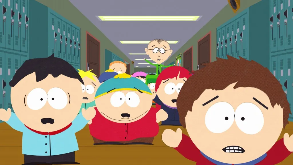 Cartman, Kyle, Wendy, Red, Clyde in una scena della serie South Park