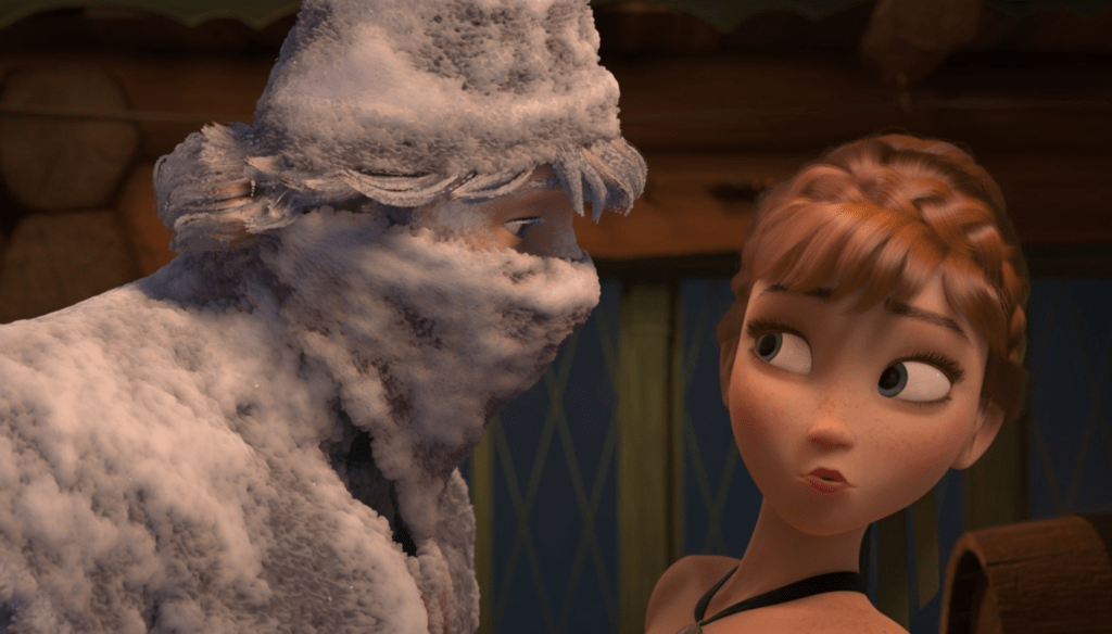 Anna (Kristen Bell) e Kristoff (Jonathan Groff) in una scena di Frozen (2013) di Chris Buck e Jennifer Lee 