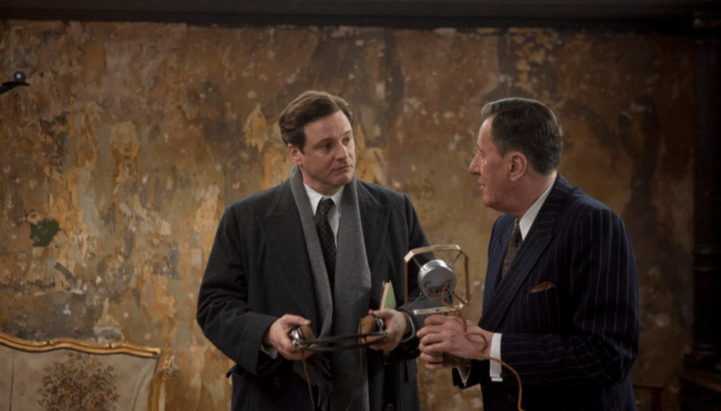 Colin Firth e Geoffrey Rush in una scena di Il discorso del re (2010) di Tom Hooper