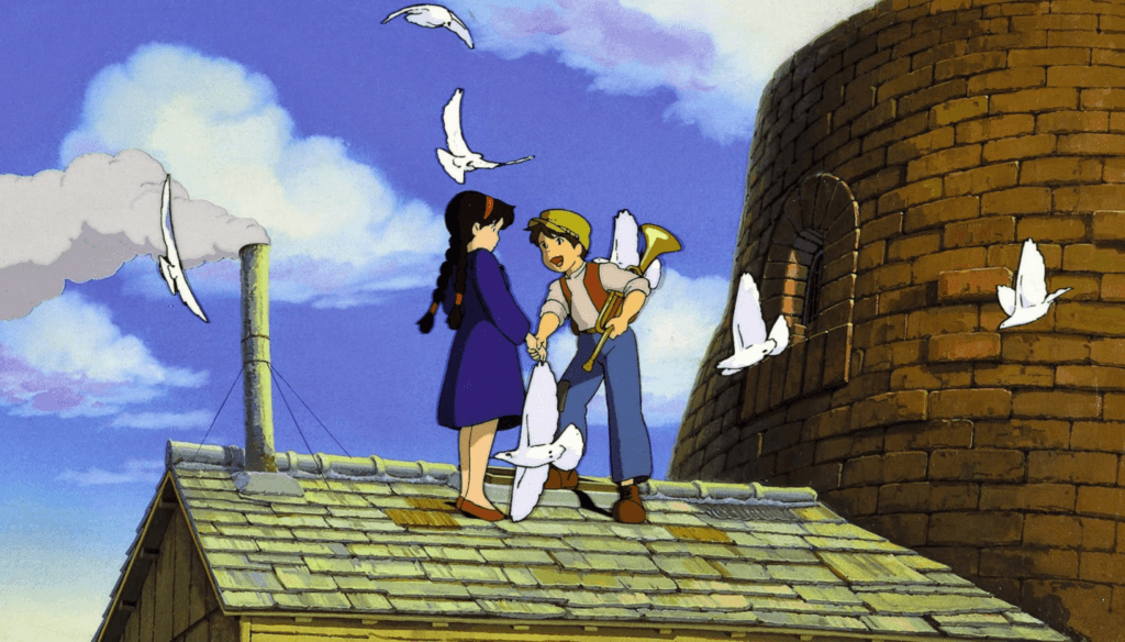 Sheeta e Pazu in una scena di Laputa - Il castello nel cielo (1986) di Hayao Miyazaki