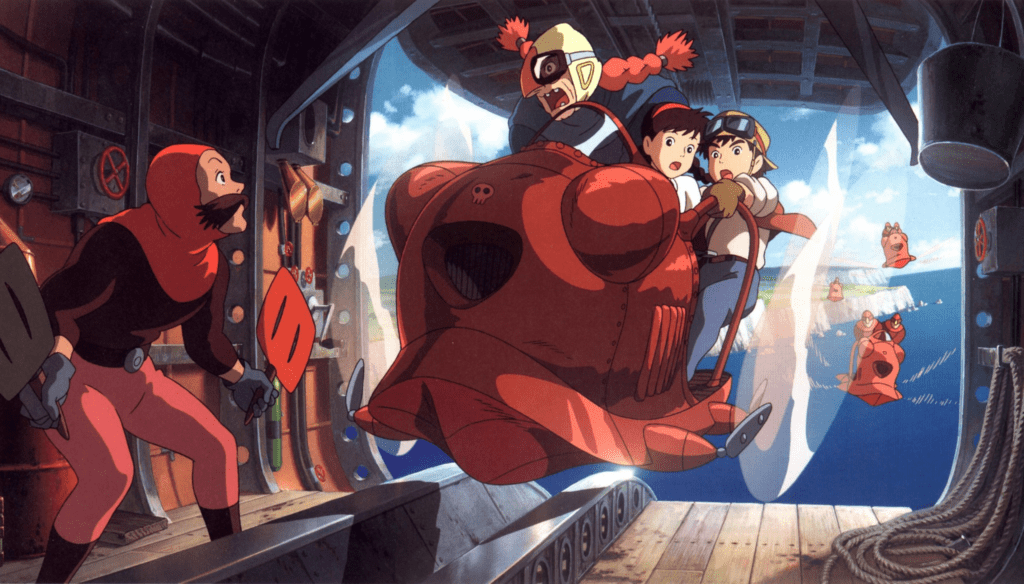 Sheeta e Pazu  e i pirati in una scena di Laputa - Il castello nel cielo (1986) di Hayao Miyazaki