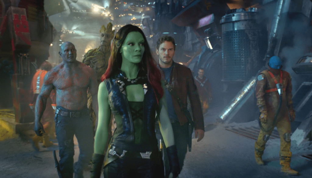 Chris Pratt, Zoe Saldana, Dave Bautista e Vin Diesel in una scena di Guardiani della galassia (2014) di James Gunn