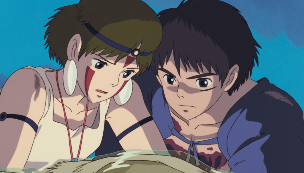 La principessa Mononoke e Ashitaka in una scena di La principessa Mononoke (1997) di Hayao Miyazaki
