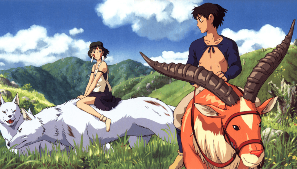 La principessa Mononoke e Ashitaka in una scena di La principessa Mononoke (1997) di Hayao Miyazaki