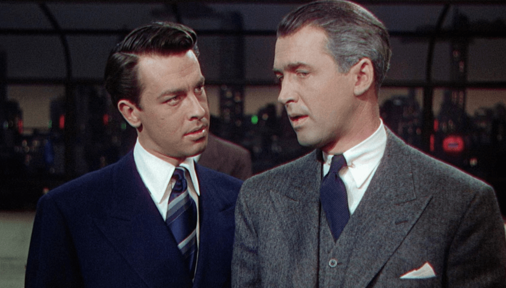 John Dall e James Stewart in una scena di Nodo alla gola (1948) di Alfred Hitchcock