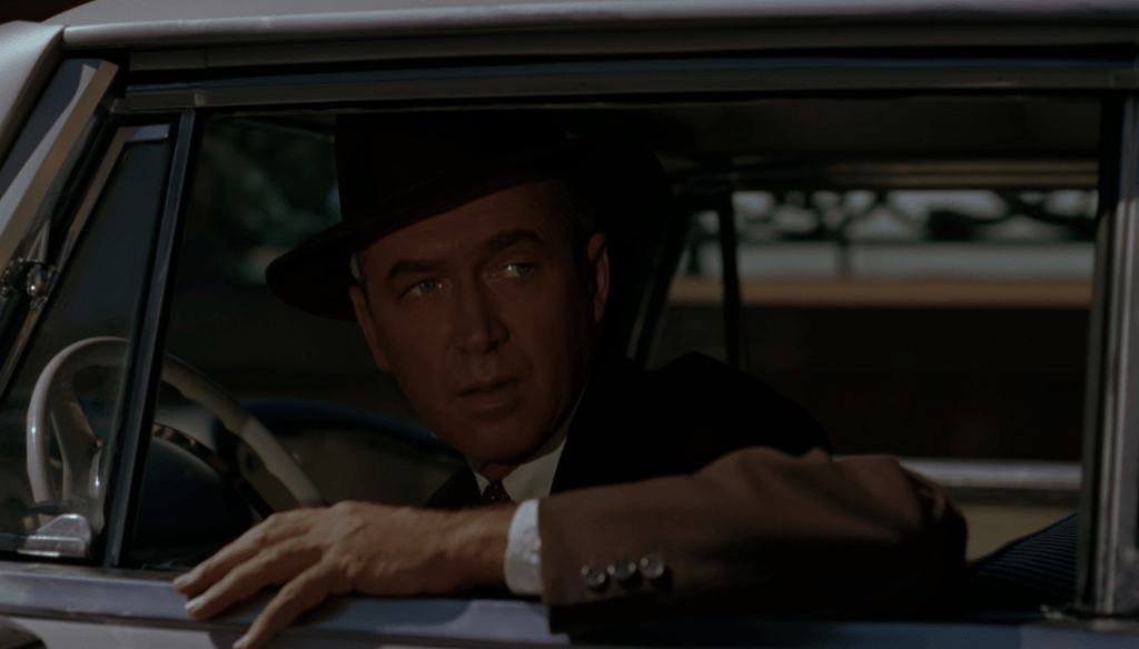 James Stewart in una scena di Vertigo (1958) di Alfred Hitchcock