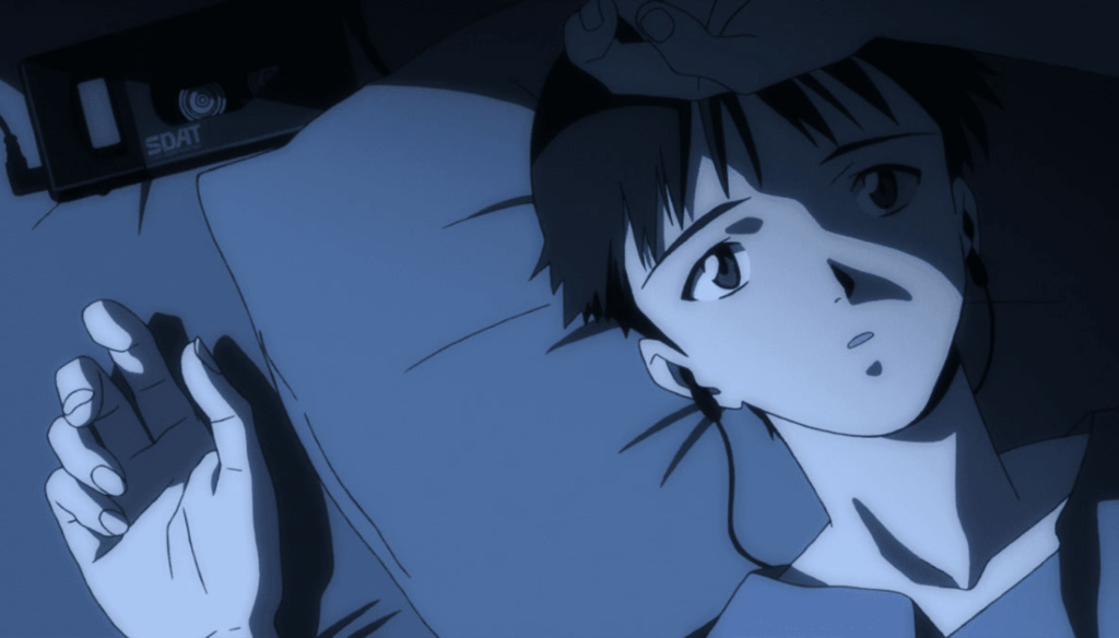 Shinji in una scena di Neon Genesis Evangelion (1995 - 1996) di Hideaki Anno