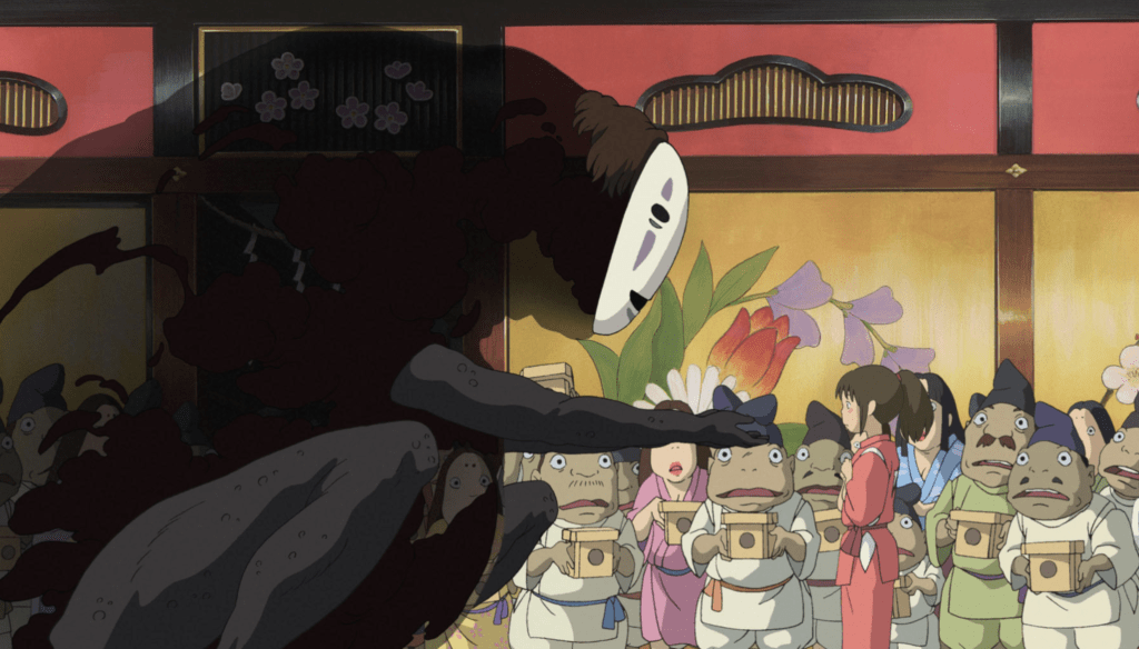 Senza Volto e Chihiro in una scena di La città incantata (2001) di Hayao Miyazaki
