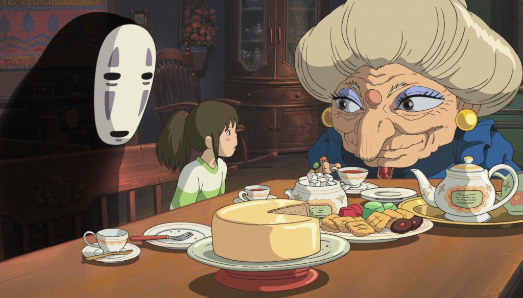 Zeniba, Chihiro e Senza Volto in una scena di La città incantata (2001) di Hayao Miyazaki