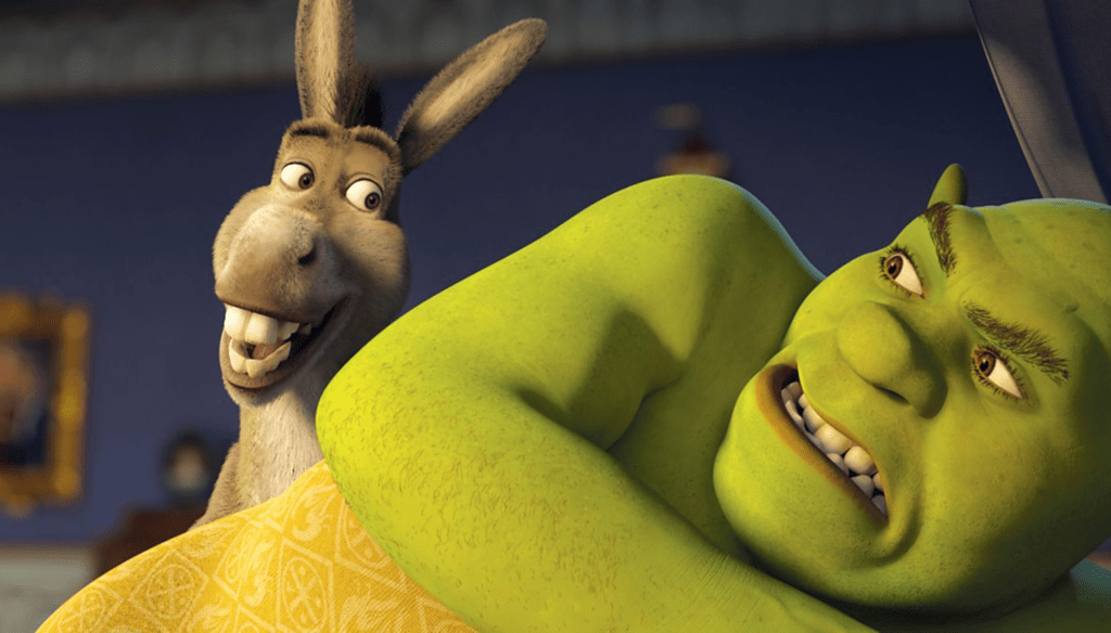 Ciuchino e Shrek in una scena di Shrek Terzo (2007) di Raman Hui e Chris Miller 