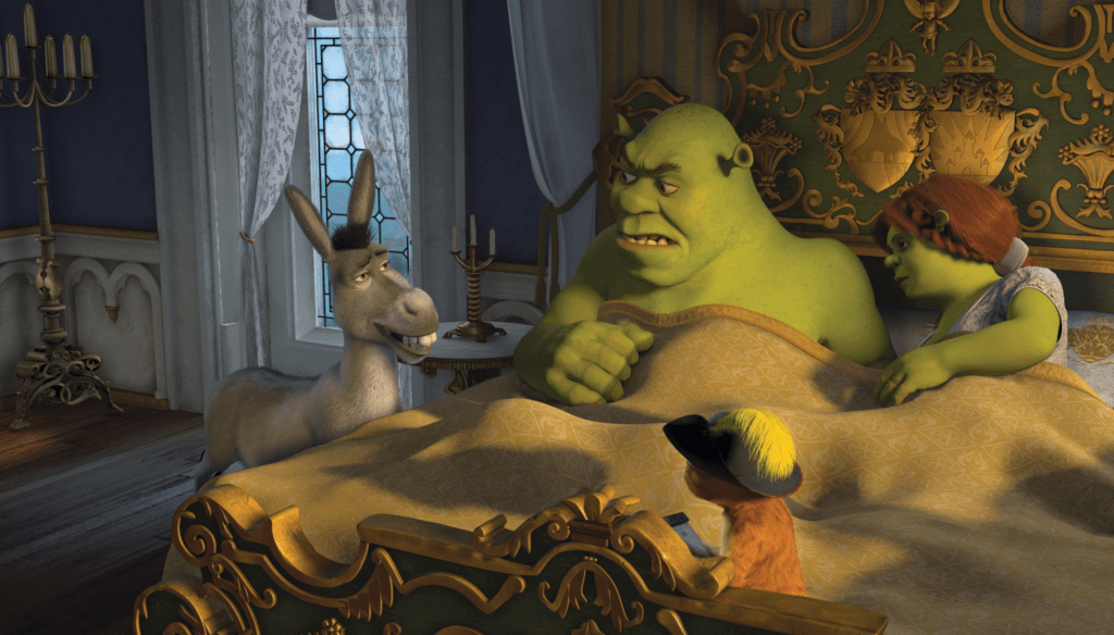 Ciuchino, Shrek, Fiona e Il gatto con gli stivali in una scena di Shrek Terzo (2007) di Raman Hui e Chris Miller 