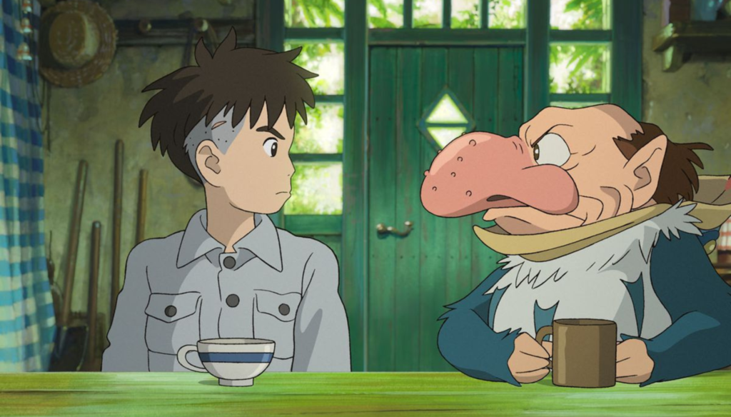 L'airone e Mahito in una scena de Il ragazzo e l'airone (2023) di Hayao Miyazaki
