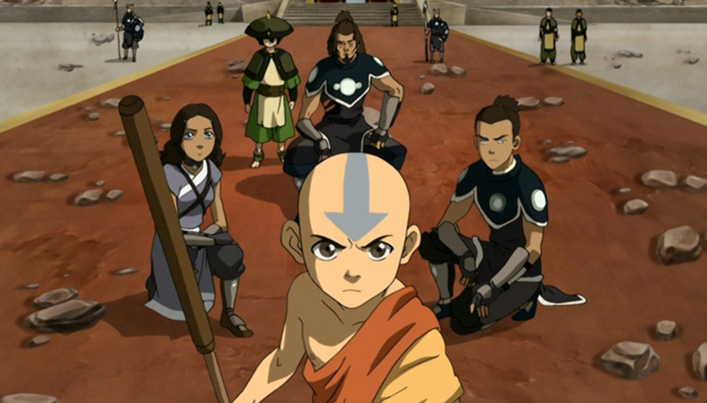 Aang, Sokka, Toph e Katara in una scena di Avatar - La leggenda di Aang (2005-2008) di Michael Dante DiMartino e Bryan Konietzko