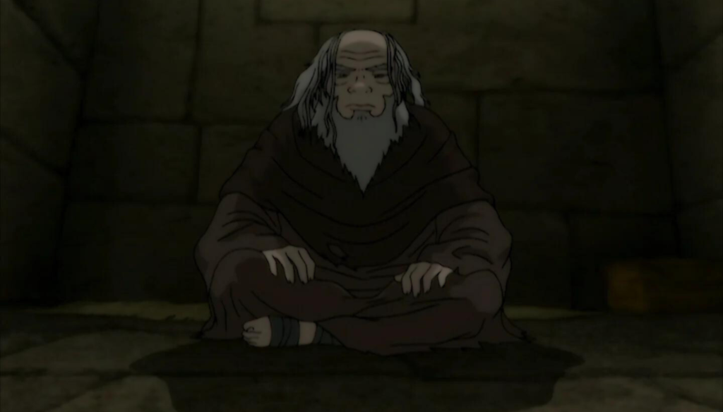 Iroh in prigione in una scena di Avatar - La leggenda di Aang (2005-2008) di Michael Dante DiMartino e Bryan Konietzko