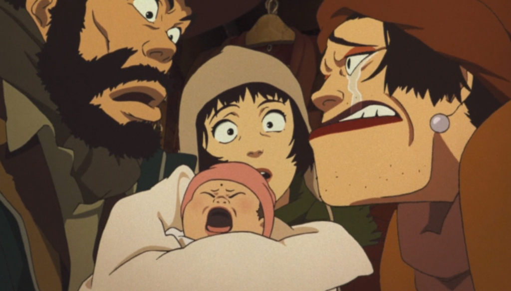 Miss Hana, Miyuki e Gin con il bambino in una scena di Tokyo Godfathers (2003) di Satoshi Kon