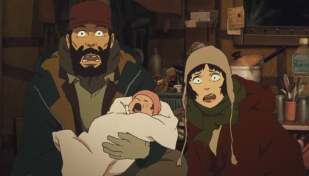 Miyuki e Gin con il bambino in una scena di Tokyo Godfathers (2003) di Satoshi Kon