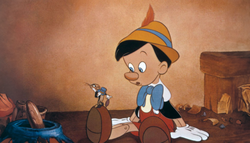 Pinocchio e il Grillo Parlante in una scena di Pinocchio (1940), secondo Classico Disney 