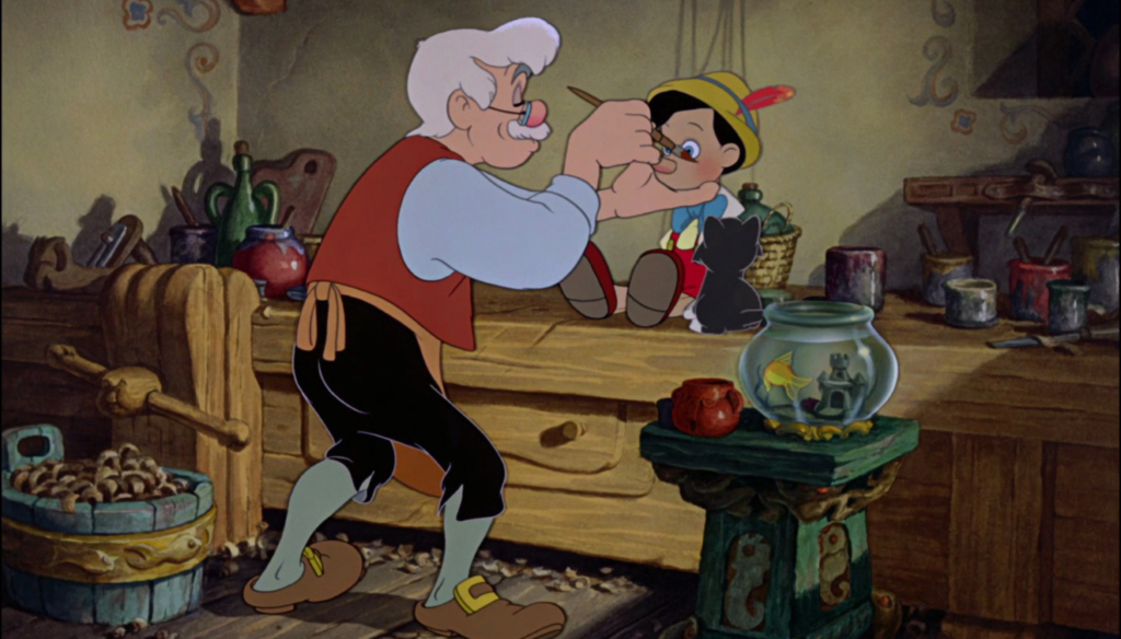 Pinocchio e Geppetto in una scena di Pinocchio (1940), secondo Classico Disney 