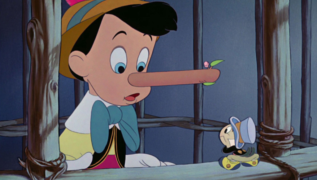 Pinocchio e il Grillo Parlante in una scena di Pinocchio (1940), secondo Classico Disney 