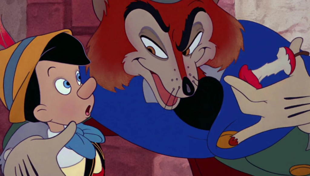 Pinocchio e la Volpe in una scena di Pinocchio (1940), secondo Classico Disney 