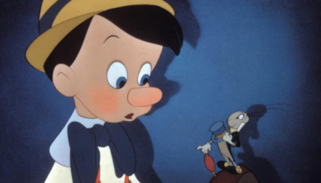 Pinocchio e Il Grillo in una scena di Pinocchio (1940), secondo Classico Disney 