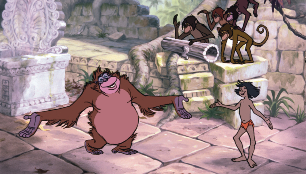 Mowgli e Re Luigi in una scena de Il libro della giungla (1967) di Wolfgang Reitherman, il diciannovesimo Classico Disney