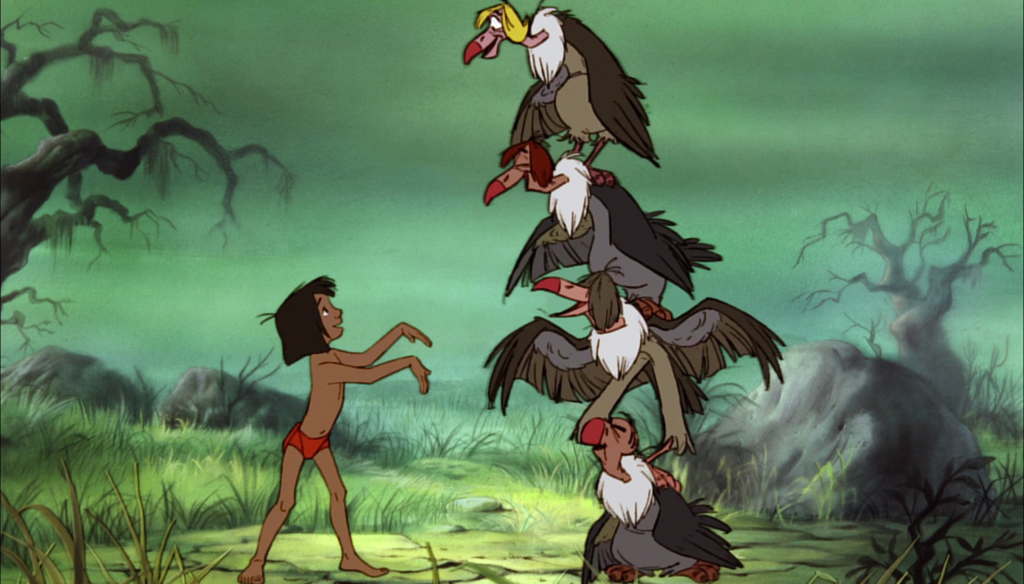 Mowgli e gli avvoltoi in una scena de Il libro della giungla (1967) di Wolfgang Reitherman, il diciannovesimo Classico Disney