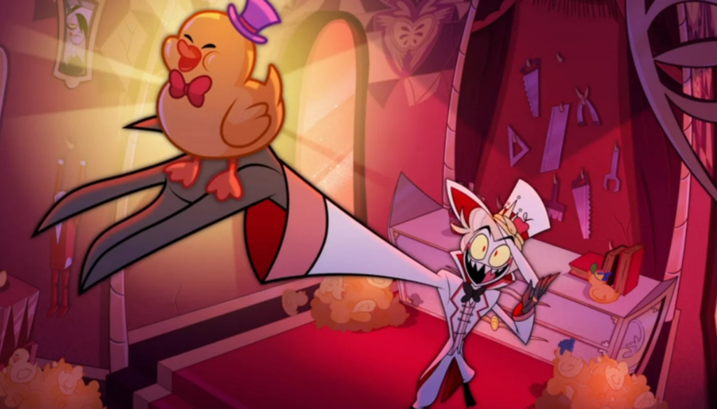 Lucifero con la paperella in una scena di Hazbin Hotel (2023 - ...)